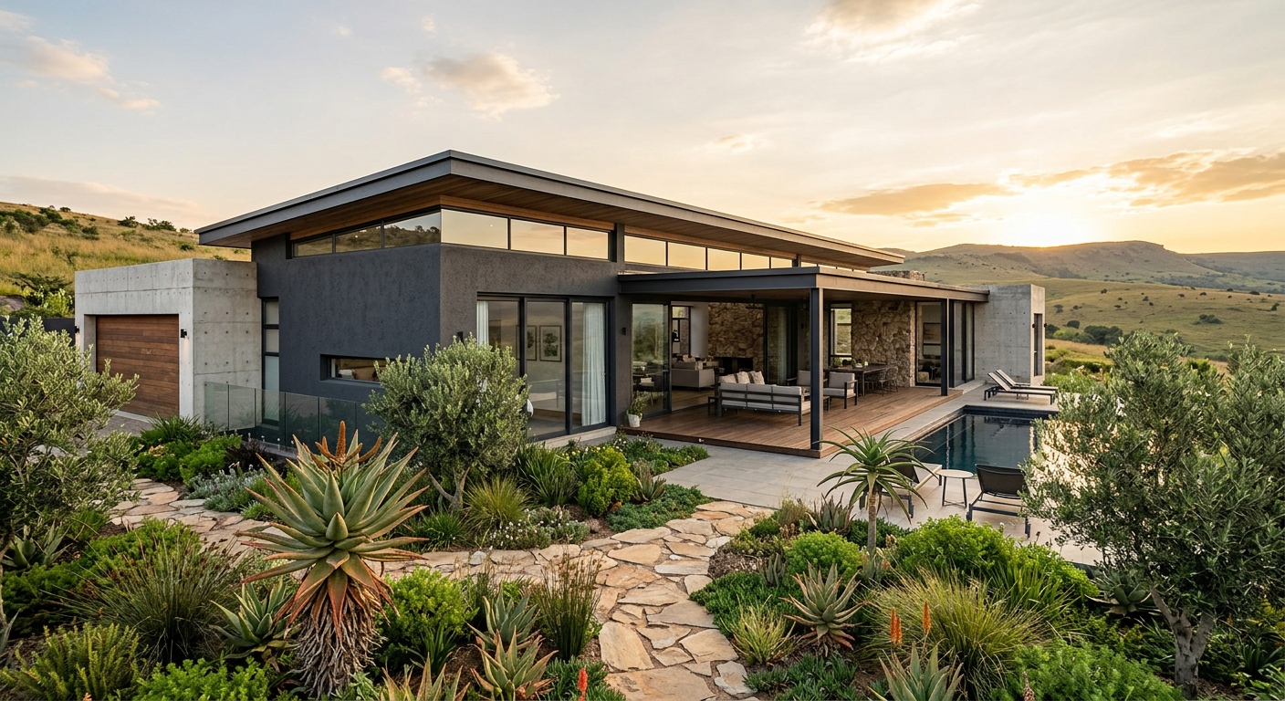 Real Estate Photography & Videography Gauteng - modern hillside home exterior with pool at sunset, captured by ANDCO Creative